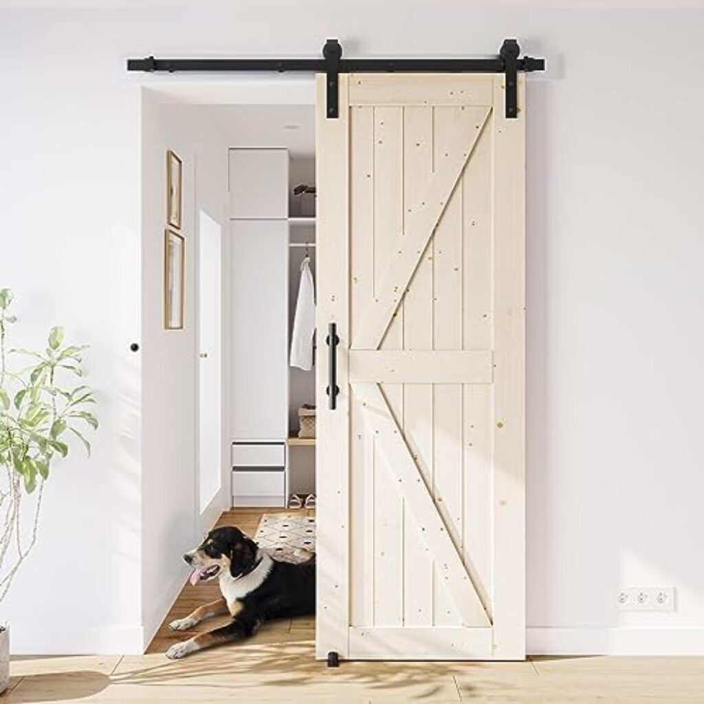 41flCVxNZL. AC 28''x84'' Sliding Barn Door with 5FT Barn Door Hardware Kit, DIY Unfinished K-Frame-Installation Required-Includes Barn Door Slabs, Wood, Door Hardware, Handle,Floor Guide and Lock Catch Edu Expertise Hub Hardware & DIY