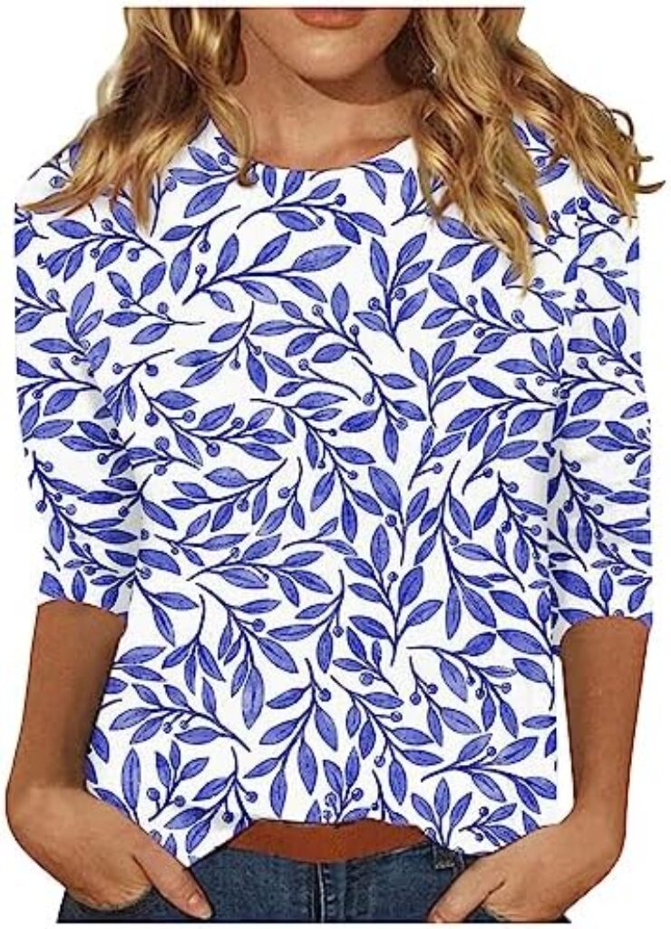 61CE28sjhL. AC 3/4 Sleeve Tops for Women Casual Floral Printed Crewneck T Shirts Loose Fit Solid Three Quarter Length Tunic Top Edu Expertise Hub Online Searching