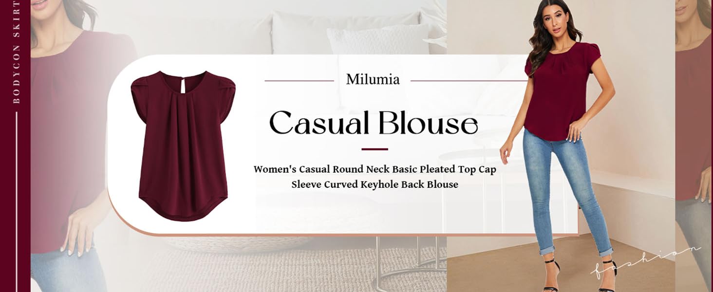 Milumia Women Casual Work Office Blouse Pleated Top Cap Sleeve Keyhole Business Tunics Top