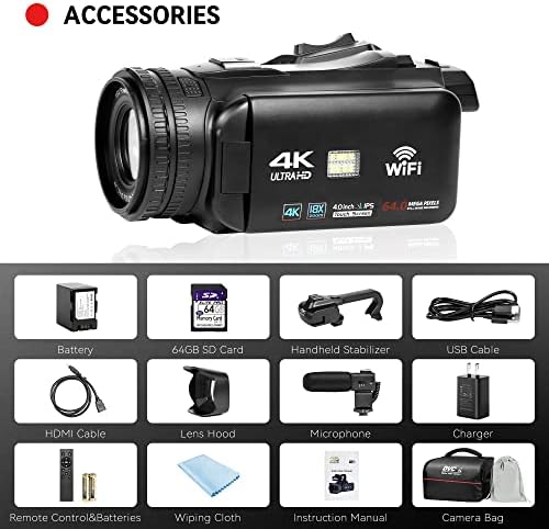 51LnmVafNJL. AC UHD 4k Video Camera Camcorder with 18X Digital Zoom,64MP Digital Camera Recorder,4.0-inch Rotating Touchscreen,64GB SD Card,Microphone,Remote Control,Durable Battery(Black) Edu Expertise Hub Digital Audio Video & Photography