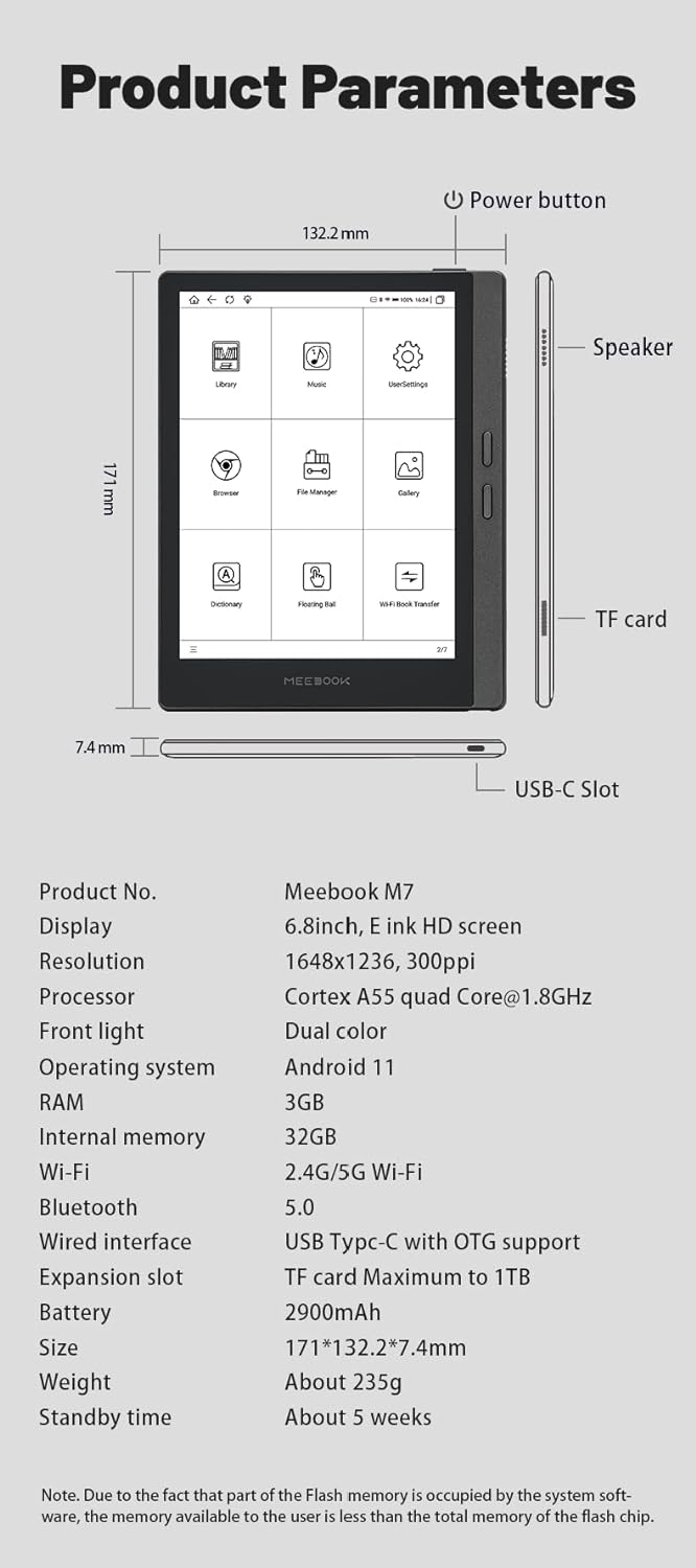 61f5A 7MCdL. AC SL1500 Meebook E-Reader M7 | 6.8' Eink Carta Screen | 300PPI Smart Light | Android 11 | Ouad Core Processor | Out Speaker | Support Google Play Store | 3GB+32GB Storage | Micro-SD Slot | Gray Edu Expertise Hub Tablets & E-Readers