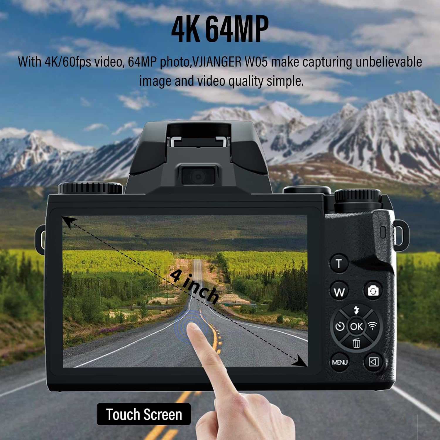 Digital Camera VJIANGER 4K Vlogging Camera 64MP Mirrorless Cameras for Photography with WiFi, 52mm Fixed Lens, 4.0" Fixed Touch Screen, 32GB SD Card & Camera Bag(W05-BlackS1) Edu Expertise Hub Digital Audio Video & Photography