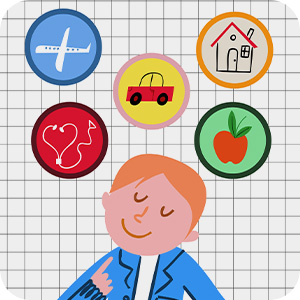 Cartoon image of kid with various icons above his head.