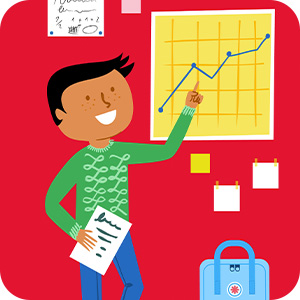 Cartoon image of kid pointing to a chart.