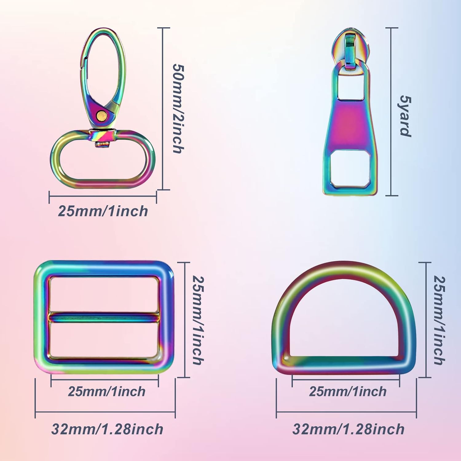 61H2ag41h5L. AC SL1500 CENOZ Rainbow Purse Hardware, 25mm Metal Rainbow Swivel Snaps Hooks, D Ring,Tri-Glides Slide Buckles and 5 Yards Rainbow Teeth Nylon Zipper with 10PCS Pulls for Dog Collar Backpack Hardware Craft DIY Edu Expertise Hub Hardware & DIY