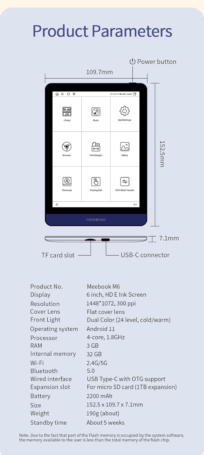 M6 e-Book Reader, 2023 New 6" 300PPI HD E-Ink Screen Ereader, Cold/Warm Light, Android 11, Support Google Play Store,OTG/Type C,3GB+32GB Edu Expertise Hub Tablets & E-Readers