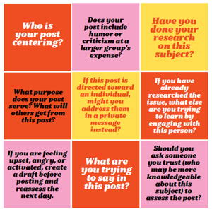 social media grid showing questions to ask to avoid posting offensive content