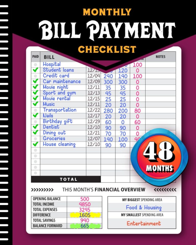 1730157738 71IGvVSOEYL. SL1250 Monthly Bill Payment Checklist: Bill Tracker Notebook, The 4-Year Guide for Families & Money Managers, 960 Billing Records Included! Edu Expertise Hub Finance