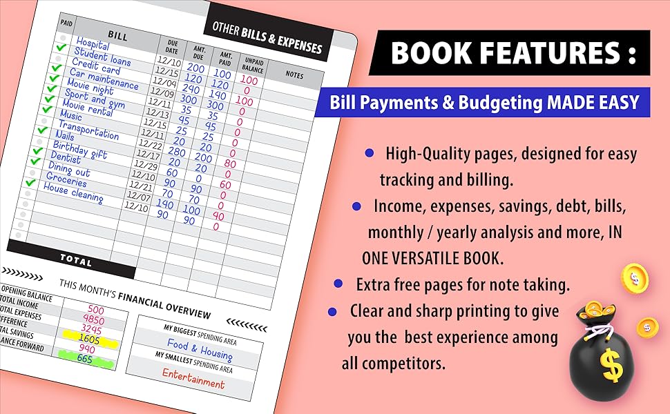 Bill payment tracker and budget planner with calendar undated income & expense log book debt payoff