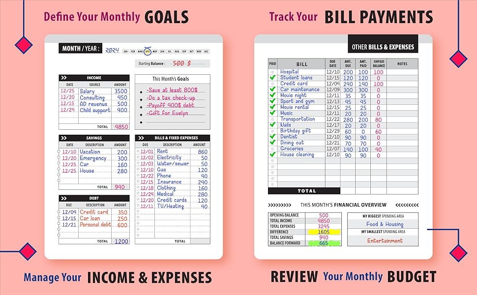 Bill payment tracker and budget planner with calendar undated income & expense log book debt payoff