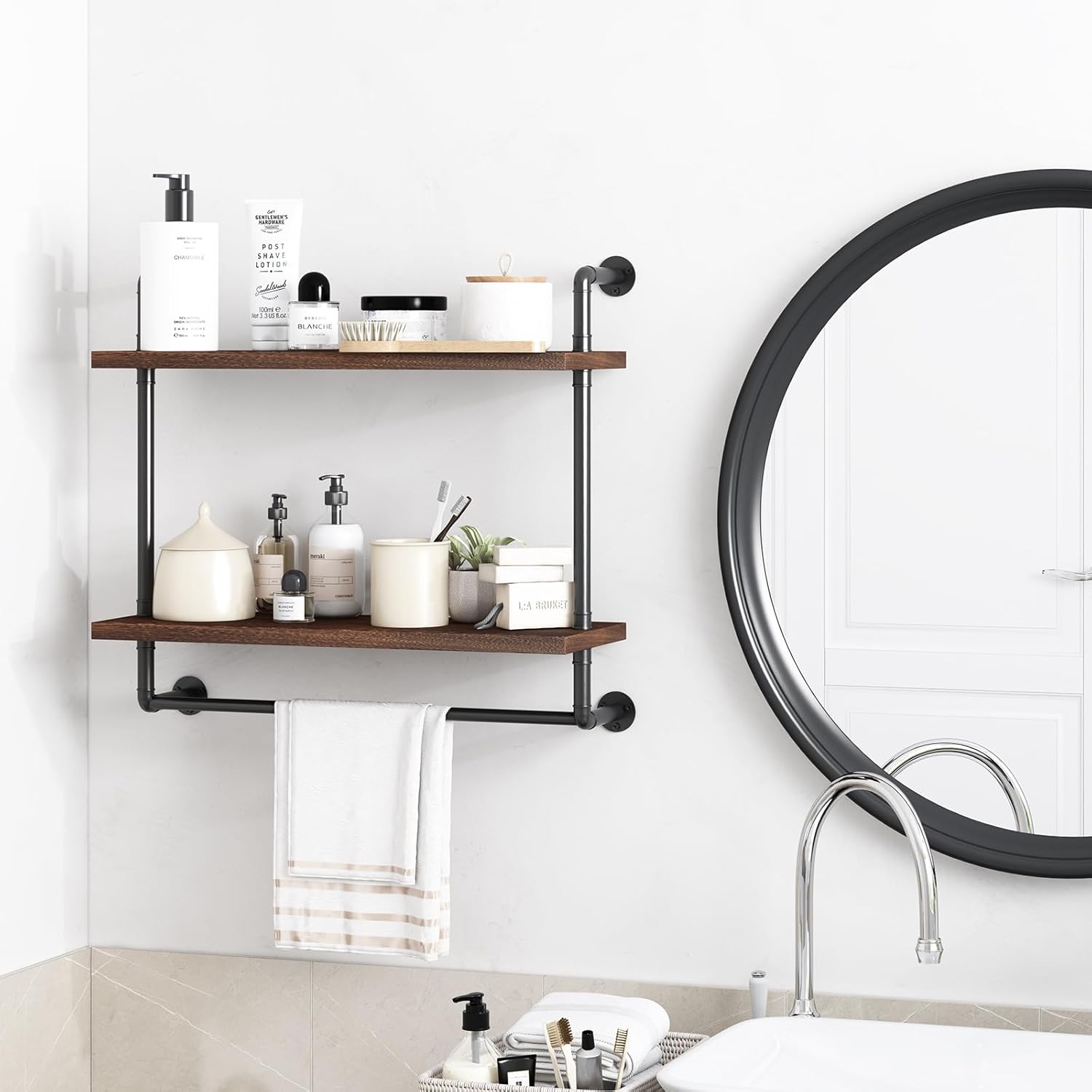 61upr0zukEL. AC SL1500 Fixwal 2 Tier Over The Toilet Storage, 24in Bathroom Shelves Wall Mounted, Rustic Wood Industrial Pipe Shelf, Floating Shelf for Bathroom, Living Room, Kitchen, Bedroom (Dark Carbonized Black) Edu Expertise Hub Industries