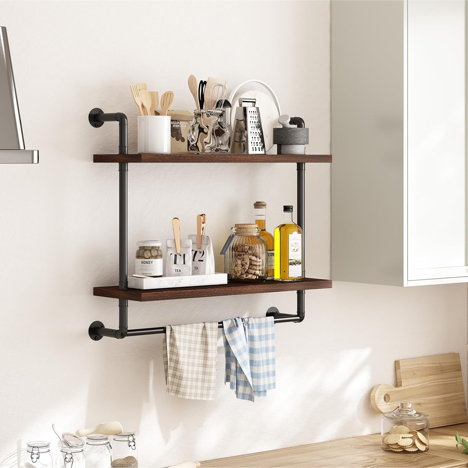 Fixwal 2 Tier Over The Toilet Storage, 24in Bathroom Shelves Wall Mounted, Rustic Wood Industrial Pipe Shelf, Floating Shelf for Bathroom, Living Room, Kitchen, Bedroom (Dark Carbonized Black) Edu Expertise Hub Industries