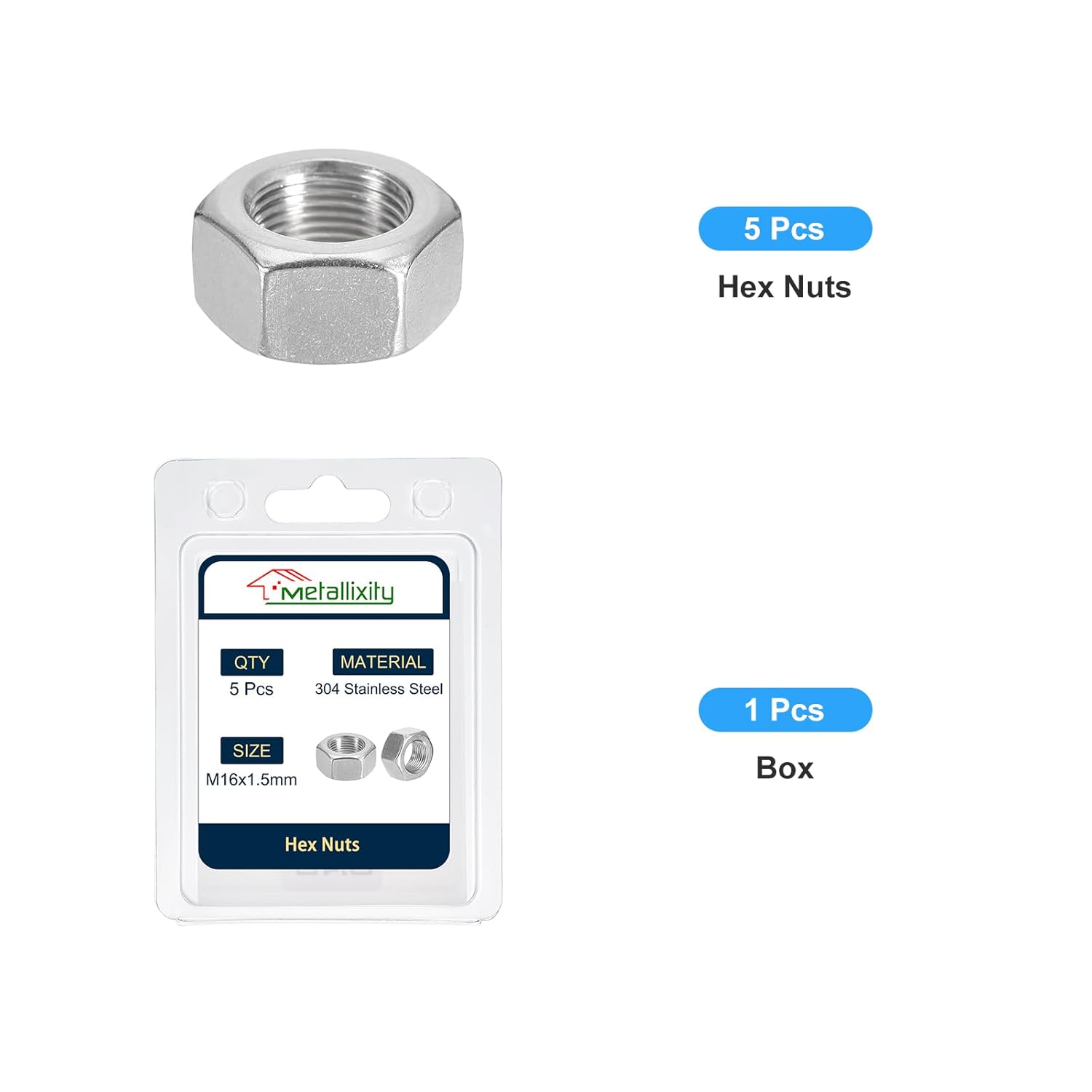 METALLIXITY Hex Nuts (M16x1.5mm) 5Pcs, 304 Stainless Steel Metric Fine Thread Hexagon Nut Hardware - for DIY Home Repair Machinery, Silver Edu Expertise Hub Hardware & DIY