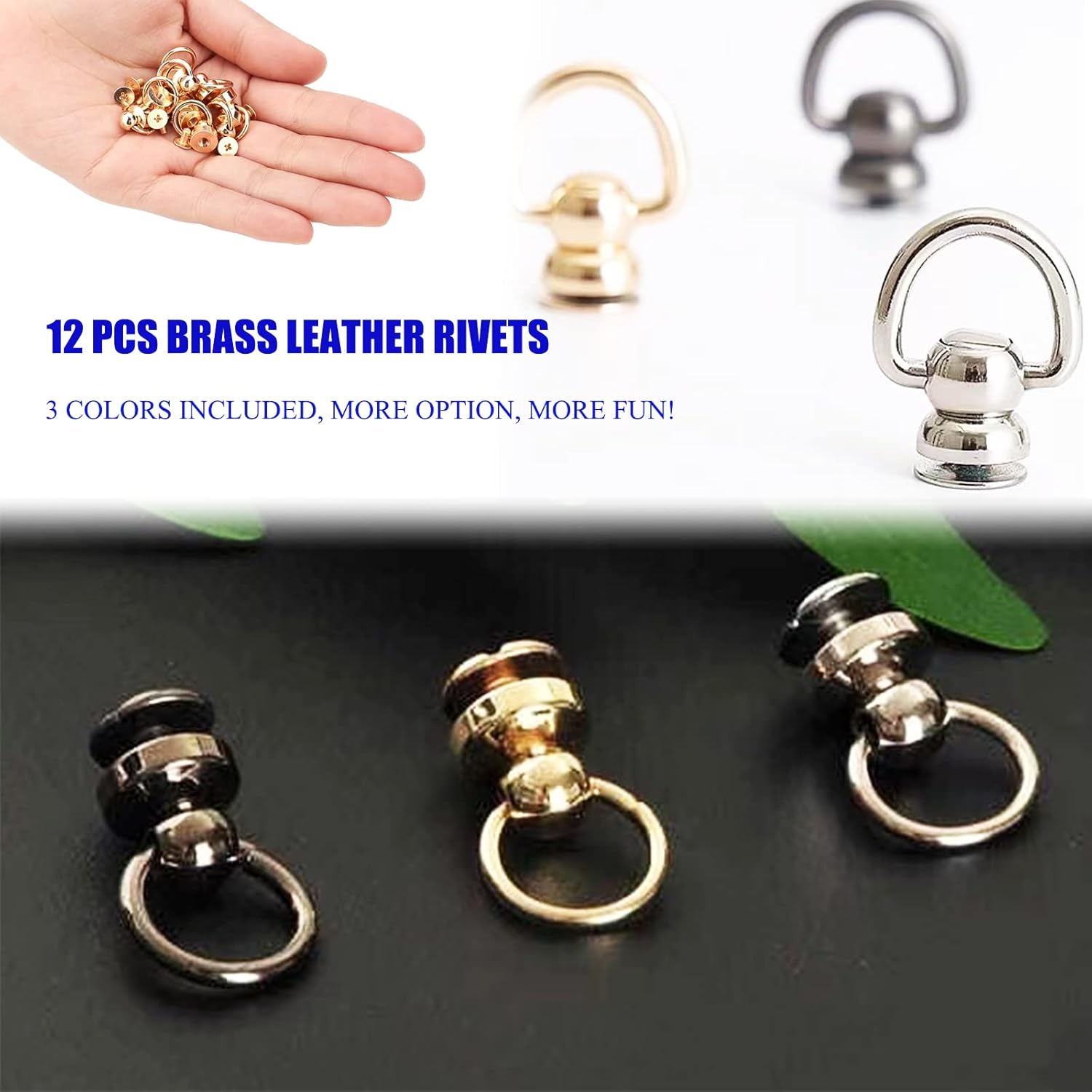 61VDed8L9lL. AC SL1500 Leather Rivets 12 PCS Brass Ball Studs Screw Rivets, 360 Degree Rotatable D Ring for Purse Hardware for Bag Making Handbag Phone Case Belt DIY, Leather Craft Accessories- 3 Color Edu Expertise Hub Hardware & DIY