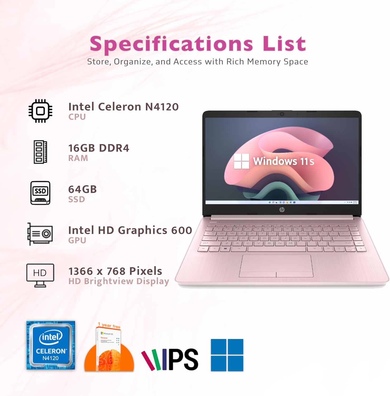 71qBt8PYw4L. AC SL1500 HP Premium Stream 14" HD BrightView Laptop, Intel Celeron N4120, 16GB RAM, 64GB eMMC Storage, UHD Graphics, HD Webcam, 1 Year Office 365, Bluetooth, WiFi, HDMI, Win 11s, Pink, 32GB Hotface USB Card Edu Expertise Hub Web Development & Design laptops desktops