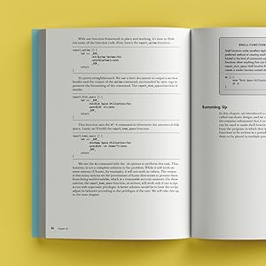 "Spread of Linux Command Line on yellow background with info on Shell Functions"