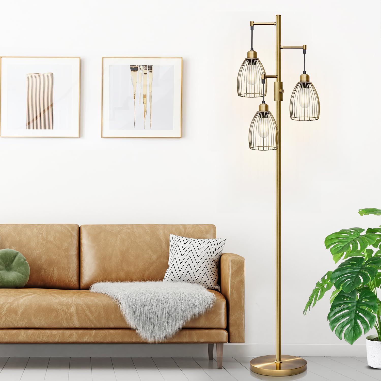 715rd iMltL. AC SL1500 Dimmable Floor Lamp, Industrial Floor Lamps for Living Room, Antique Brass Tree Lamp Standing Lamp Tall Lamps with 3 Elegant Teardrop Cage Head & 800 Lumens LED Bulbs for Living Room Bedroom Office Edu Expertise Hub Industries