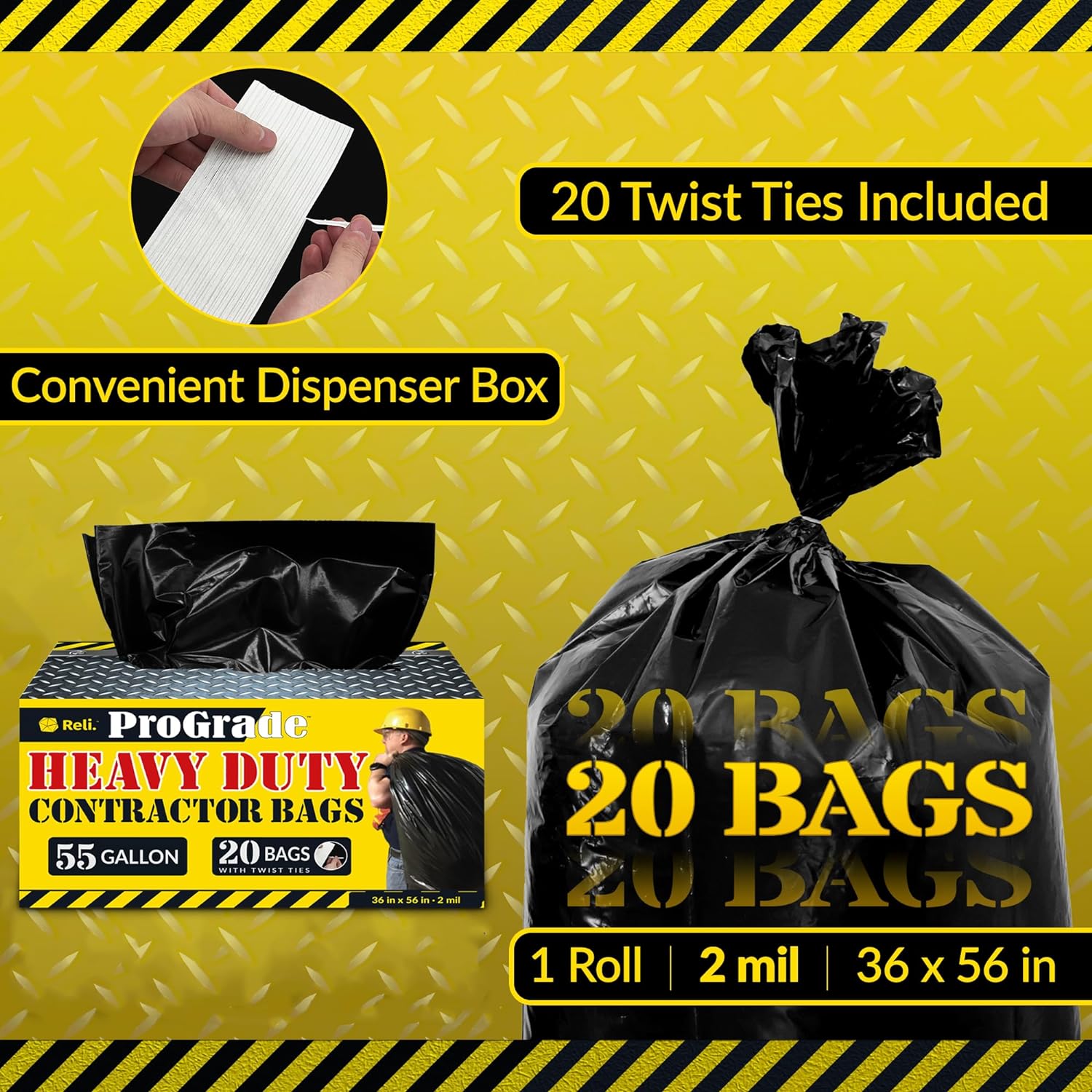 814yI4mOKJL. AC SL1500 Reli. Contractor Trash Bags 55 Gallon Heavy Duty | 20 Bags w/Ties | Construction Garbage Bag | Industrial | Extra Large/Big | Black Edu Expertise Hub Industries