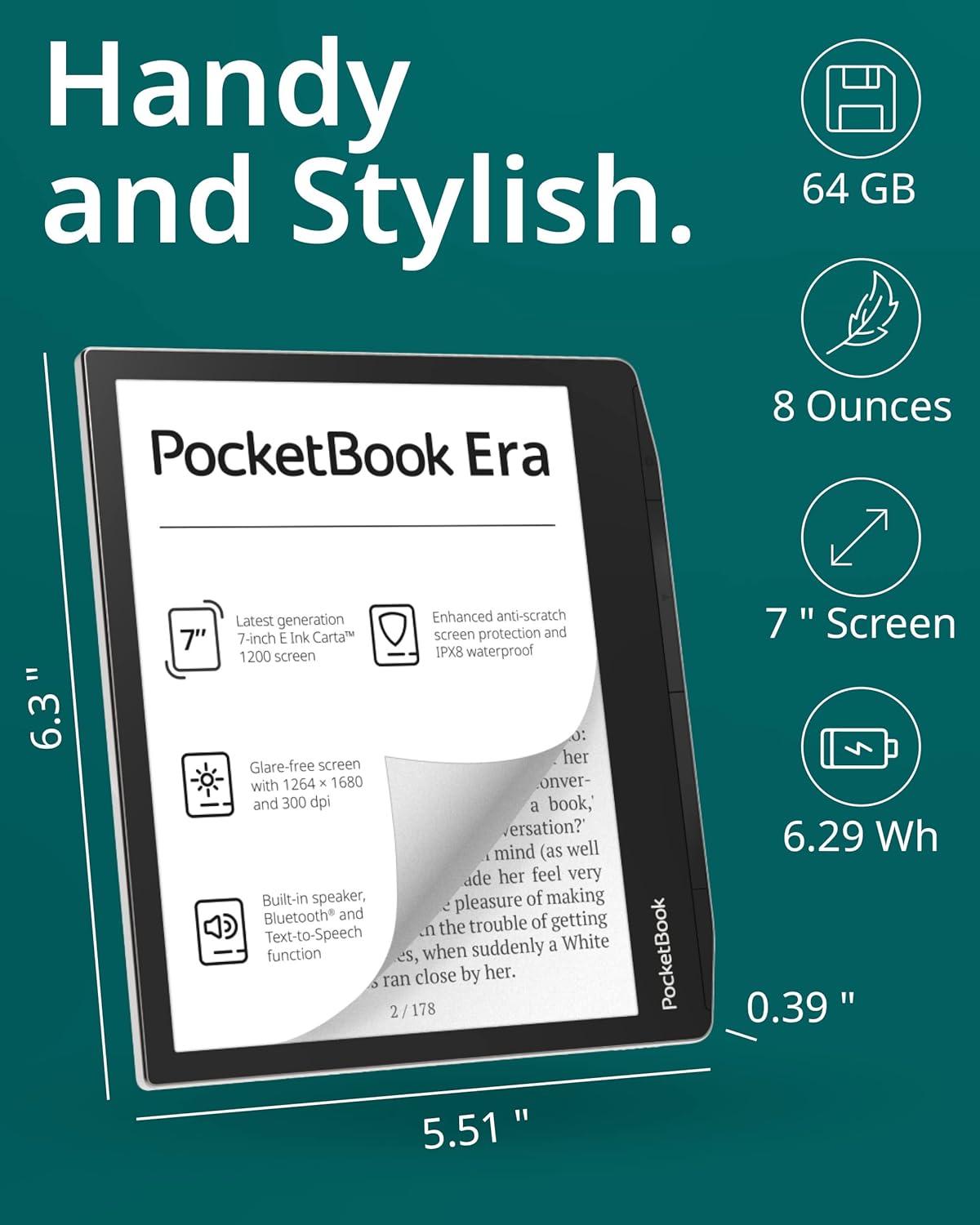 71qZ0DJSXcL. AC SL1500 Pocketbook Era E-Reader, Stardust Silver, 16GB | 7ʺ Glare-Free & Eye-Friendly Touch-Screen with E -Ink Technology | Waterproof | Text-to-Speech, Audio- & E-Book Reader | SMARTlight & Built-in Speaker Edu Expertise Hub Tablets & E-Readers