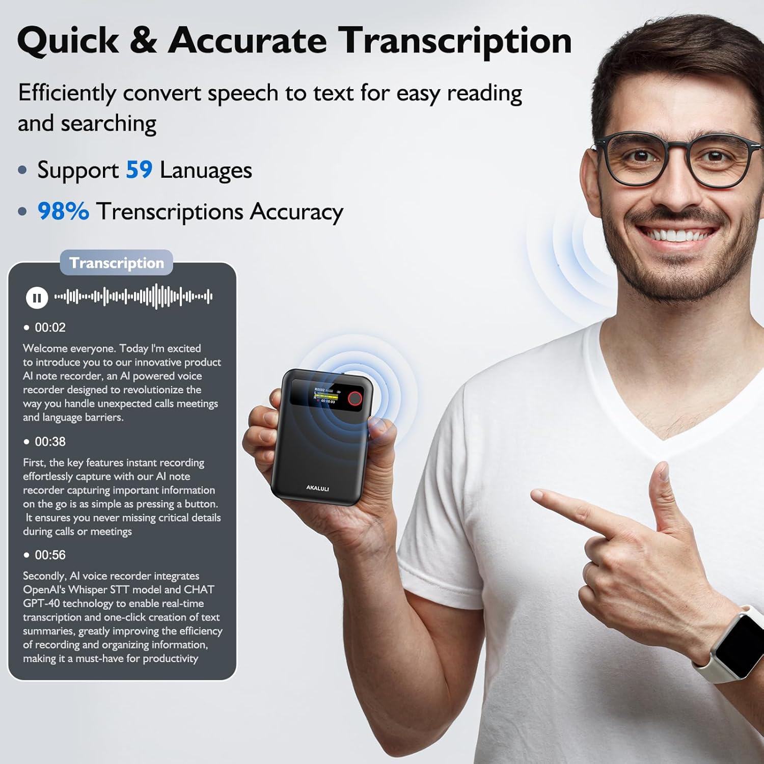 71KYq 17GOL. AC SL1500 AI Voice Recorder with Transcription Summarize - Audio Recording Device with Playback for Phone Calls Lectures Meetings Interviews, APP Control Support 59 Languages Noise Reduction 64GB Memory Edu Expertise Hub AI