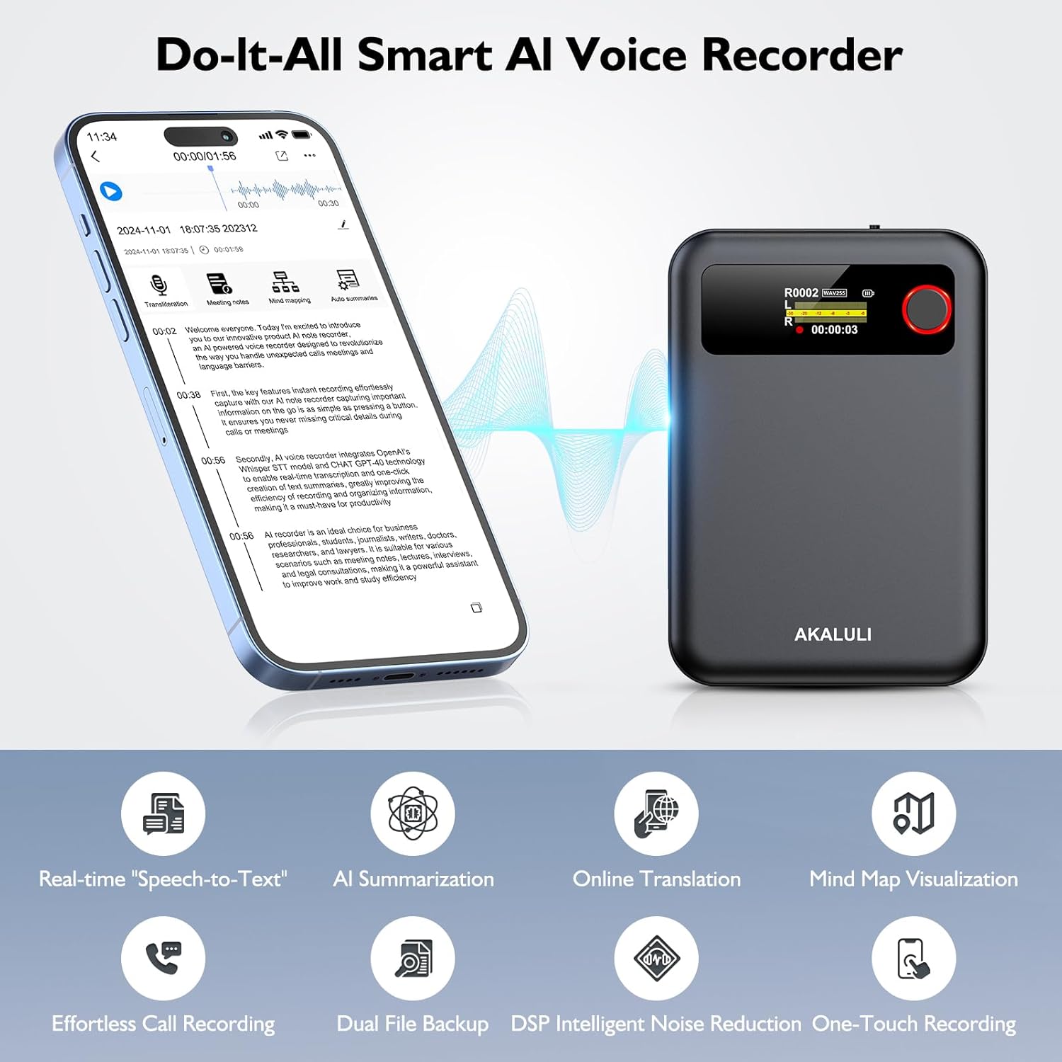 71UvUE3pb7L. AC SL1500 AI Voice Recorder with Transcription Summarize - Audio Recording Device with Playback for Phone Calls Lectures Meetings Interviews, APP Control Support 59 Languages Noise Reduction 64GB Memory Edu Expertise Hub AI