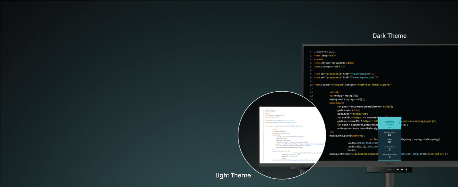 BenQ RD240Q offers both dark and light themes for adaptable coding environments.