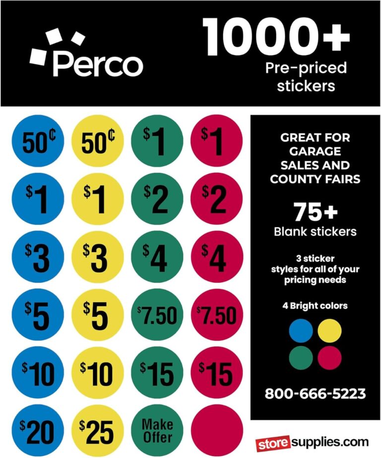 1747231773 71W8eJrD8BL. AC SL1500 Perco Garage Sale Price Stickers - 1000+ Pre-Priced & 75+ Blank Stickers - Easy-to-Read Price Tags for Effective and Attractive Pricing – Ideal for Yard Sales, Flea Markets, County Fairs & Retail Use Edu Expertise Hub Marketing & Sales