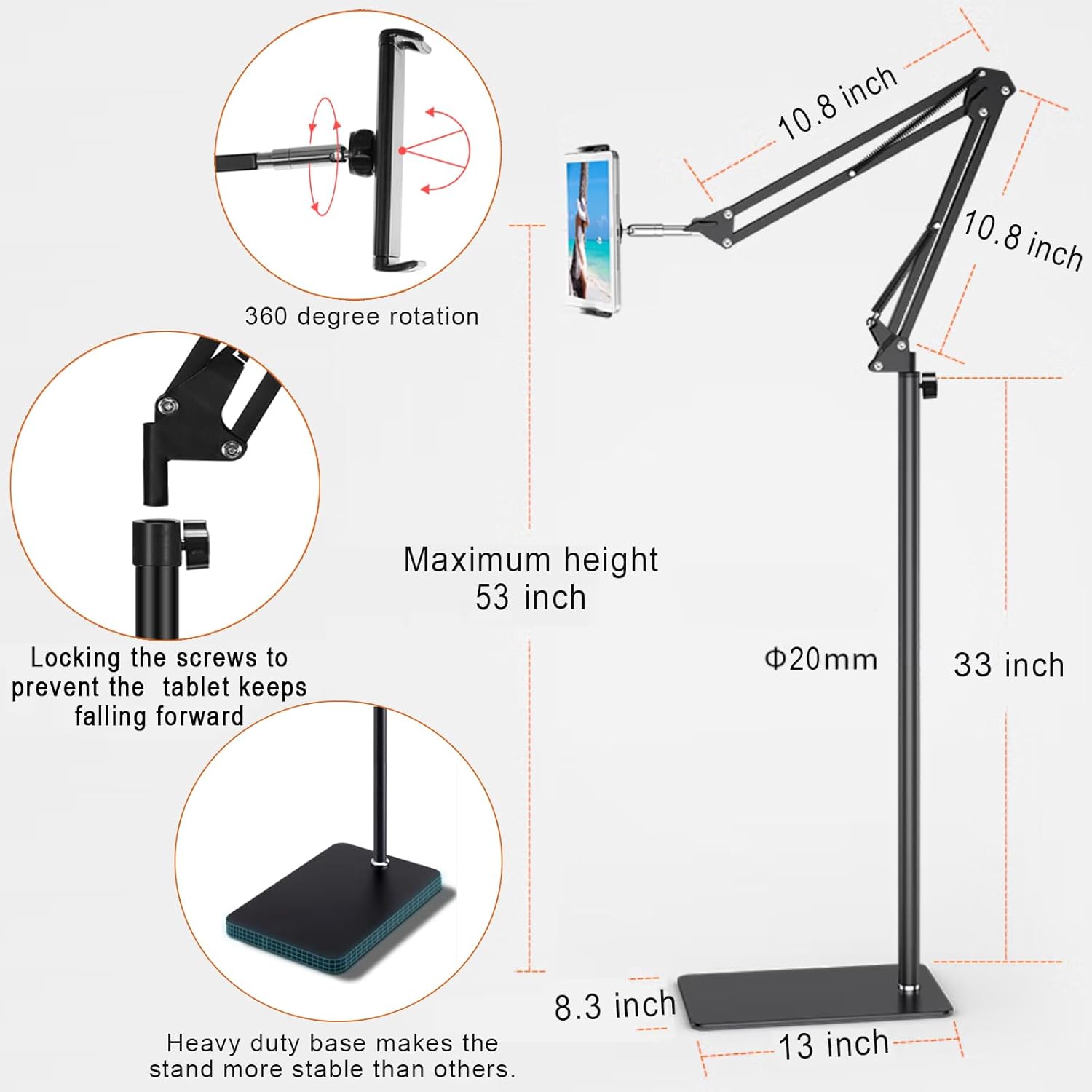 61y8Z6+laiL. AC SL1500 Tablet Floor Stand with Heavy Duty Base, Overhead Bed phone Stand Angle Height Adjustable Arm Stretchable Stand Holder, Compatible with iPad Mini Air Pro, Galaxy Tab, Kindle, E-Readers,Cell Phones Edu Expertise Hub Tablets & E-Readers