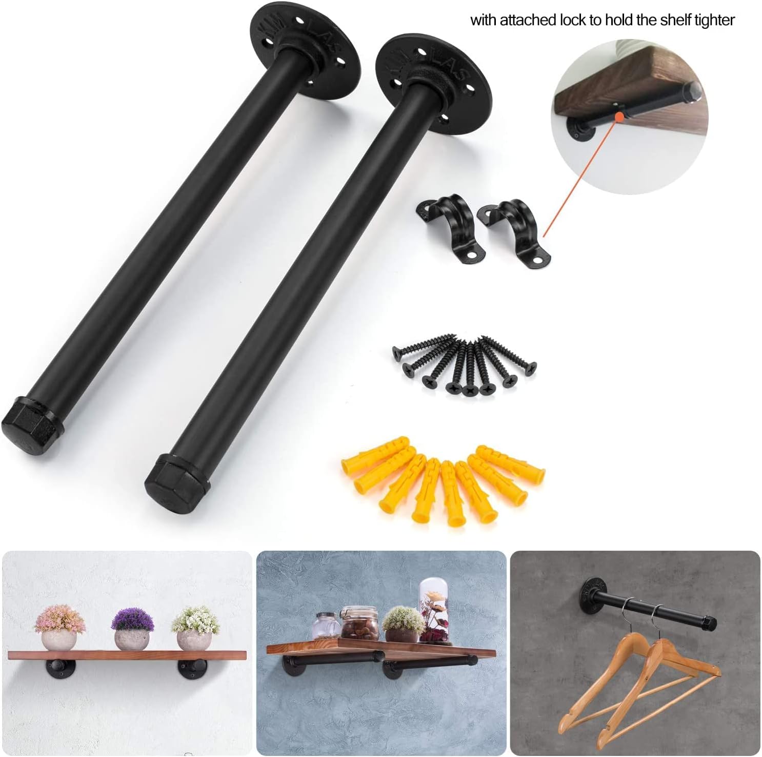 Industrial Black Iron Pipe Shelf Brackets 8 Pack, Elibbren 13.7 Inch Vintage Wall Mount DIY Shelving Brackets, Rustic Home Pipe Decor Edu Expertise Hub Hardware & DIY