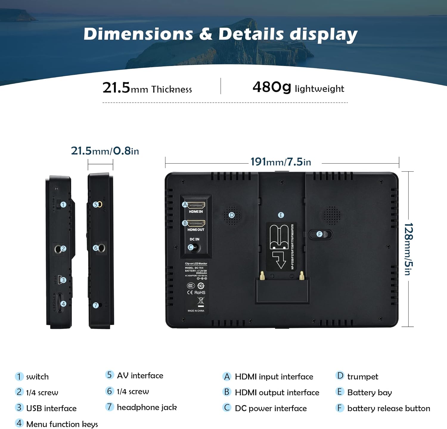 71r7eNT1UCL. AC SL1500 VILTROX DC-70 II 7 inch Camera Video Monitor, 4K Camera Field Monitor Kit with HDMI AV Input/Output for Canon Nikon Sony DSLR Camera, Peaking Focus Assist Video Monitor with Sunshade Hood/Battery Edu Expertise Hub Digital Audio Video & Photography