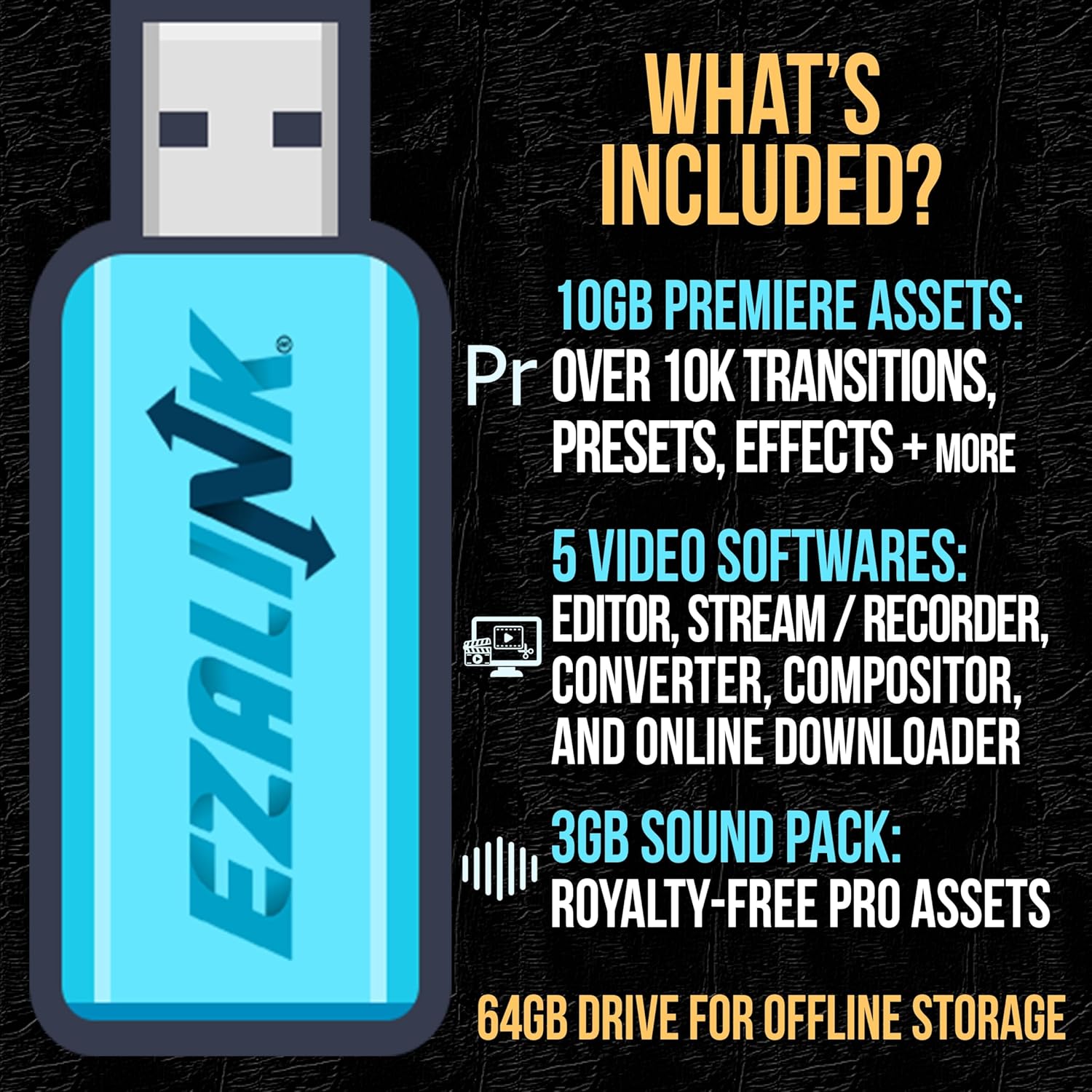 Video Editing Software Pack | Editor, YouTube Downloader, MP3 MP4 Converter, Green Screen App | 10K Transitions for Premiere Pro and Sound Effects | Windows and Mac 64GB USB Edu Expertise Hub Software