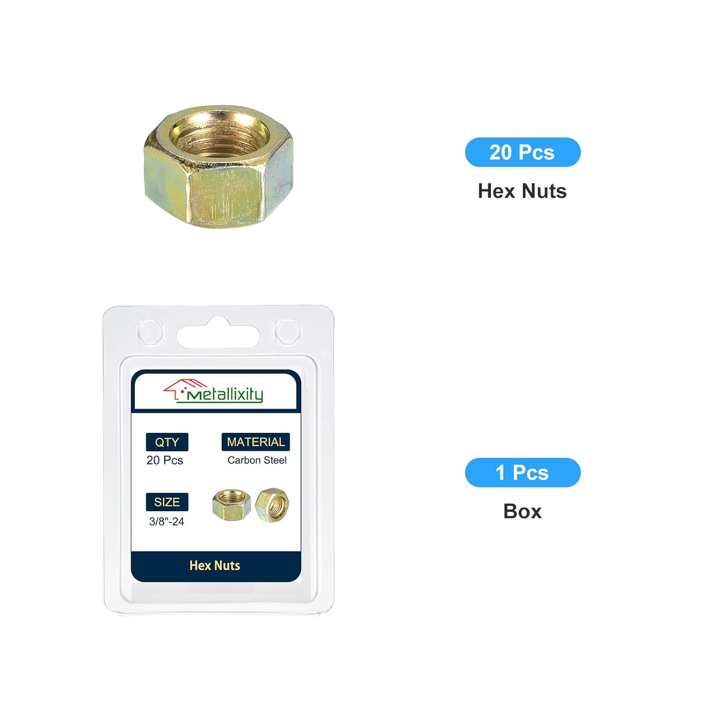 METALLIXITY Hex Nuts (3/8"-24) 20Pcs, Carbon Steel Fine Thread Zinc Plated Hexagon Nut Hardware - for DIY Home Repair Machinery, Yellow Zinc Edu Expertise Hub Hardware & DIY