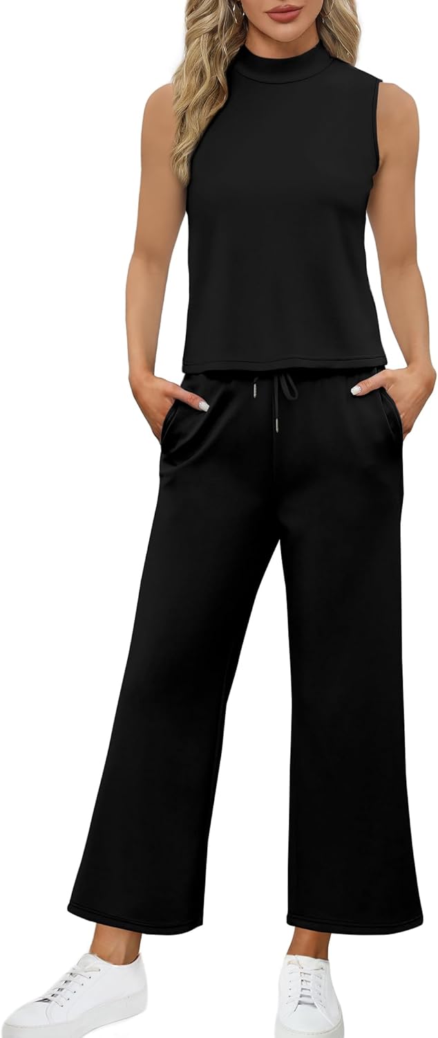 SAMPEEL Two Piece Sets for Women Summer Outfits Lounge Sets Mock Neck Tops Wide Leg Crop Pants Vacation Travel Outfits Edu Expertise Hub Women & Business