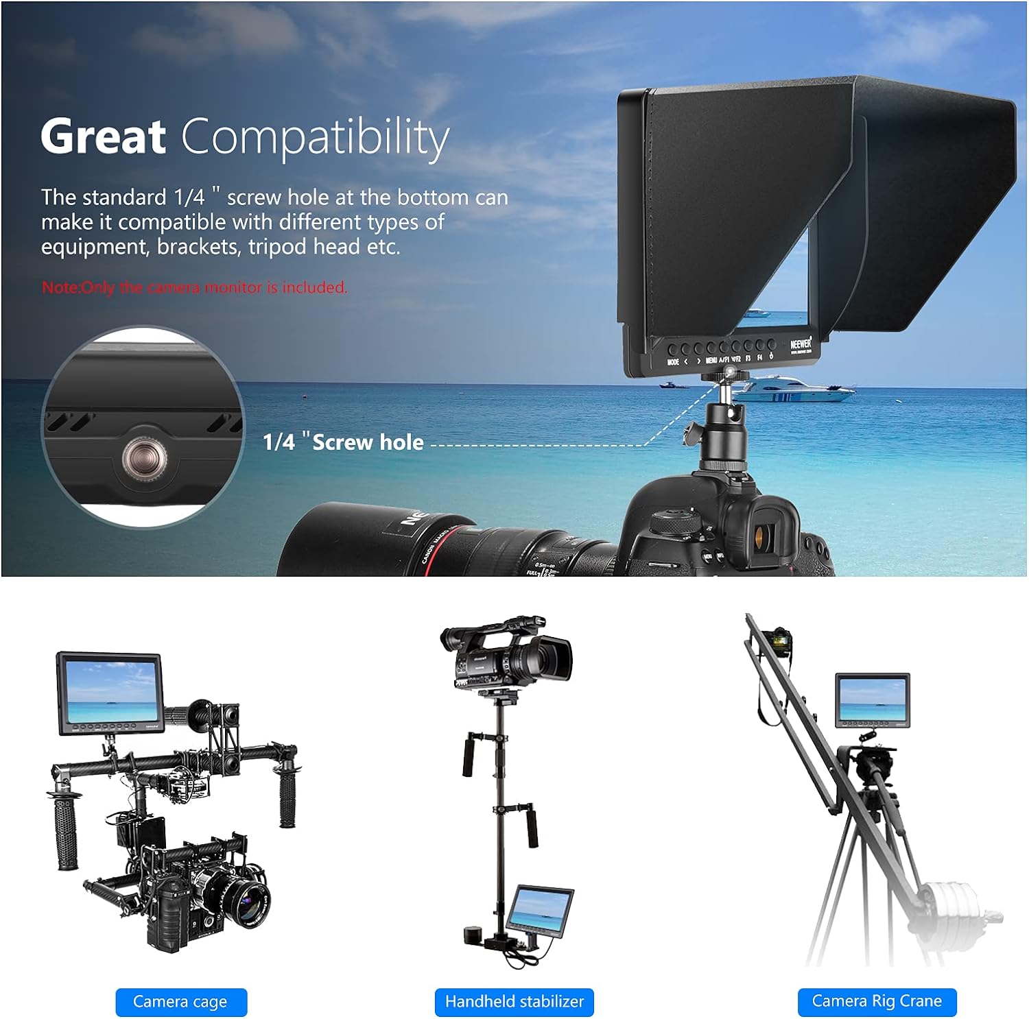 71C5PF5LHgL. AC SL1500 Neewer F100 7inch Camera Field Monitor HD Video Assist IPS 1280x800 HDMI Input 1080p with Sunshade and Ball Head for DSLR Cameras, Handheld Stabilizer, Film Video Making Rig (Battery Not Included) Edu Expertise Hub Digital Audio Video & Photography