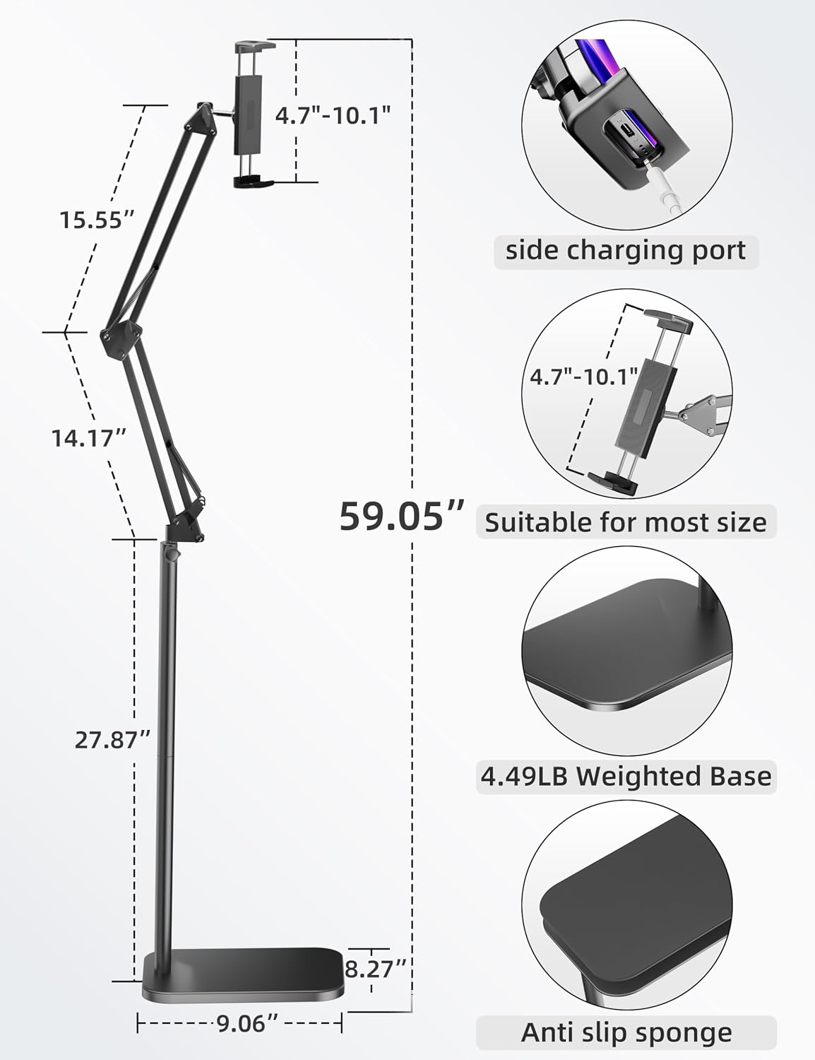 71FgSdpIqnL. AC SL1500 Tablet Floor Stand with 4.5LB Heavy Metal Base,Overhead Bed Phone Stand Angle Height Adjustable Holder, Universal Phone Mount for iPad iPhone Pro Air Mini, Samsung Tab, Kindle, E-Readers... Edu Expertise Hub Tablets & E-Readers