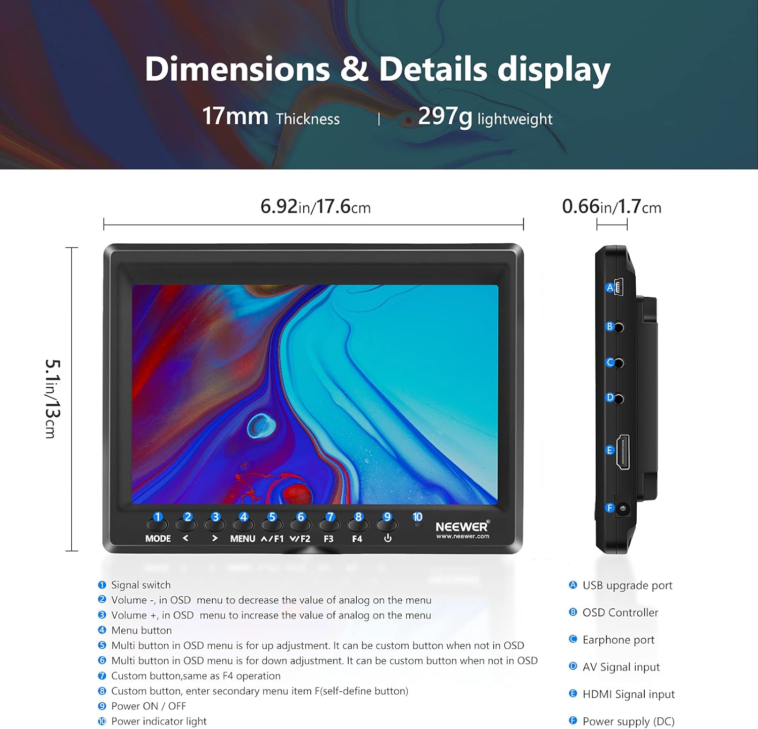 71HbFuHzpPL. AC SL1500 Neewer F100 7inch Camera Field Monitor HD Video Assist IPS 1280x800 HDMI Input 1080p with Sunshade and Ball Head for DSLR Cameras, Handheld Stabilizer, Film Video Making Rig (Battery Not Included) Edu Expertise Hub Digital Audio Video & Photography