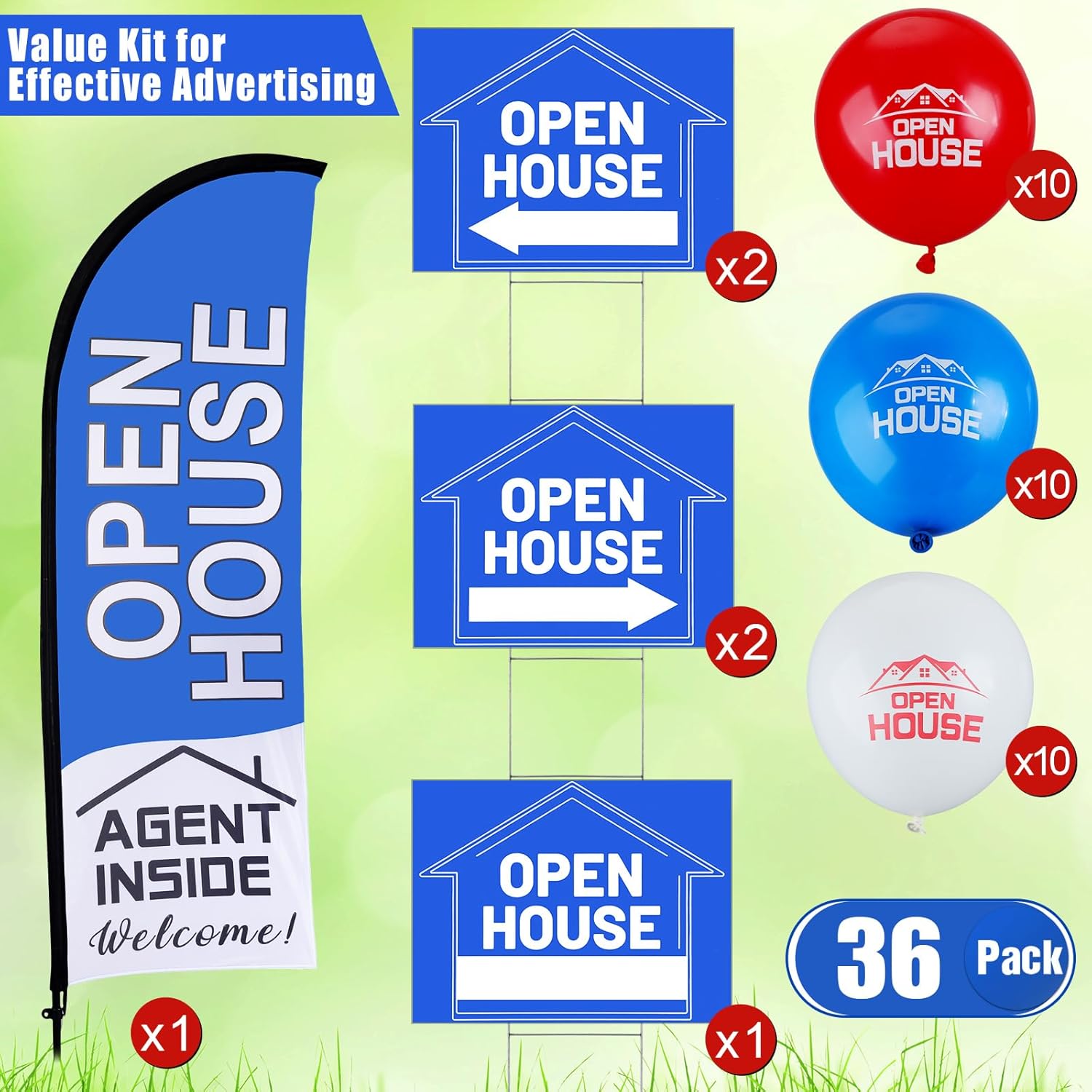 71pDOrsY8NL. AC SL1500 Buryeah Open House Signs Set (36 Pcs Total), 1 Open House Flag with Pole Kit for Yard, 5 Double Sided Real Estate Business Agent Directional Arrows Signs with Metal Stakes and 30 Balloons(Blue) Edu Expertise Hub Real Estate