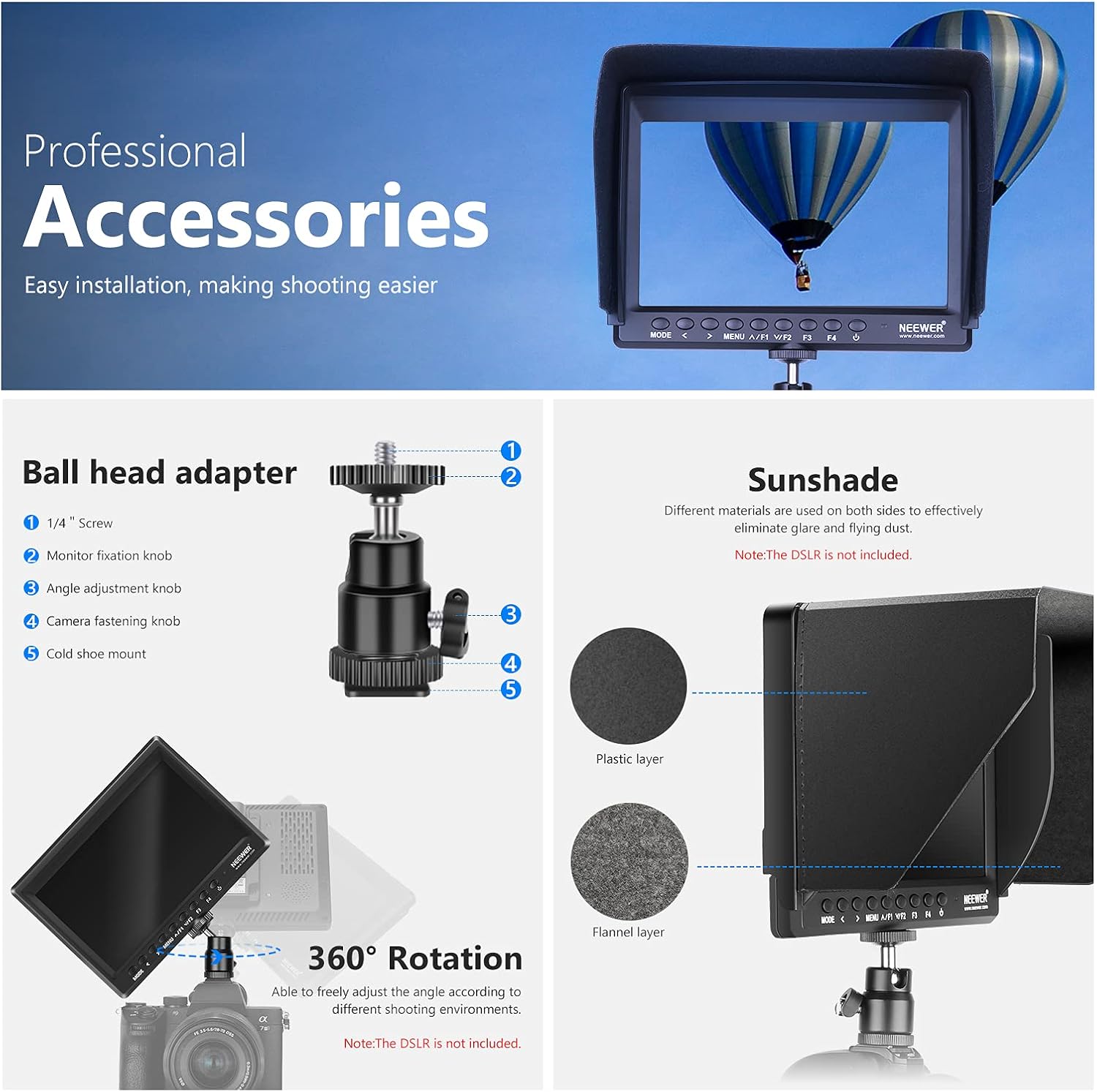 Neewer F100 7inch Camera Field Monitor HD Video Assist IPS 1280x800 HDMI Input 1080p with Sunshade and Ball Head for DSLR Cameras, Handheld Stabilizer, Film Video Making Rig (Battery Not Included) Edu Expertise Hub Digital Audio Video & Photography