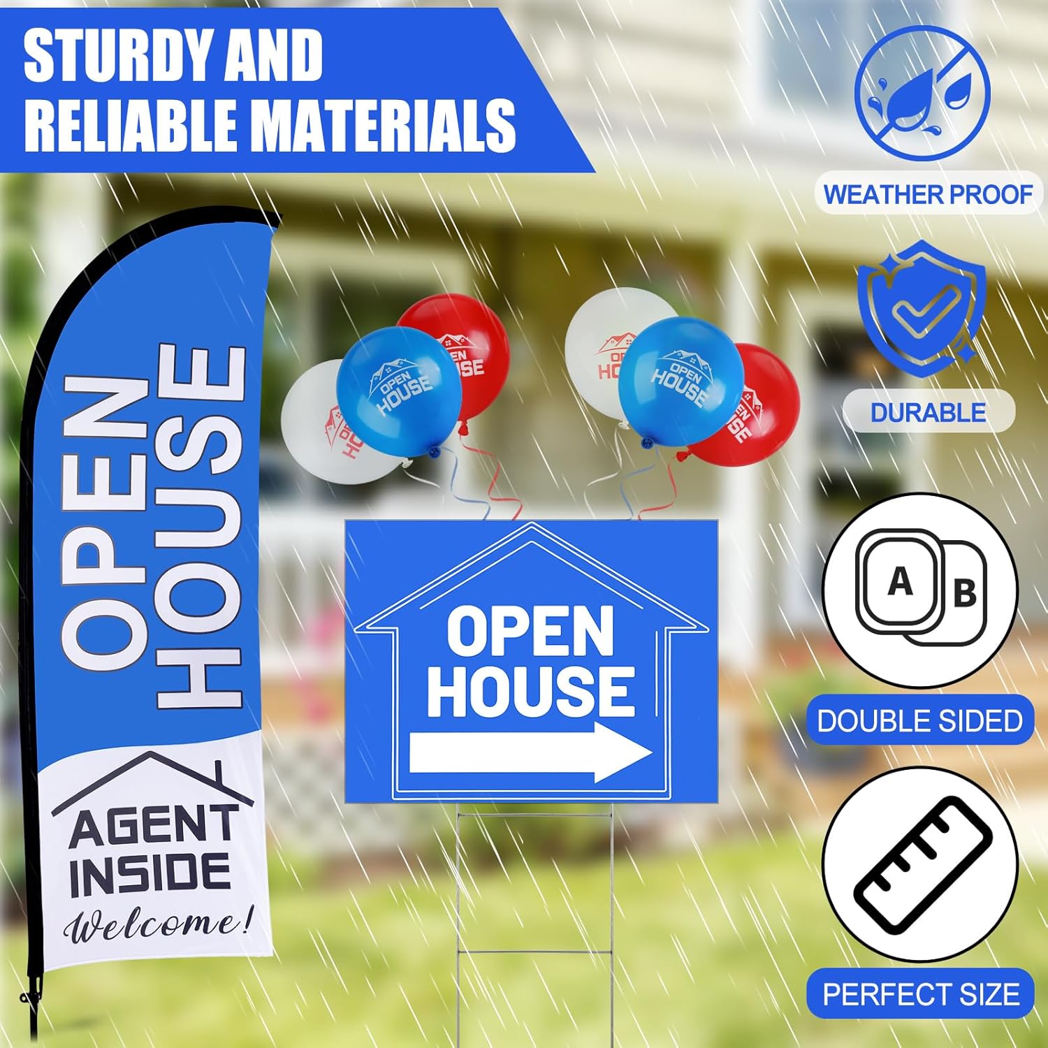 81AfALleCvL. AC SL1500 Buryeah Open House Signs Set (36 Pcs Total), 1 Open House Flag with Pole Kit for Yard, 5 Double Sided Real Estate Business Agent Directional Arrows Signs with Metal Stakes and 30 Balloons(Blue) Edu Expertise Hub Real Estate