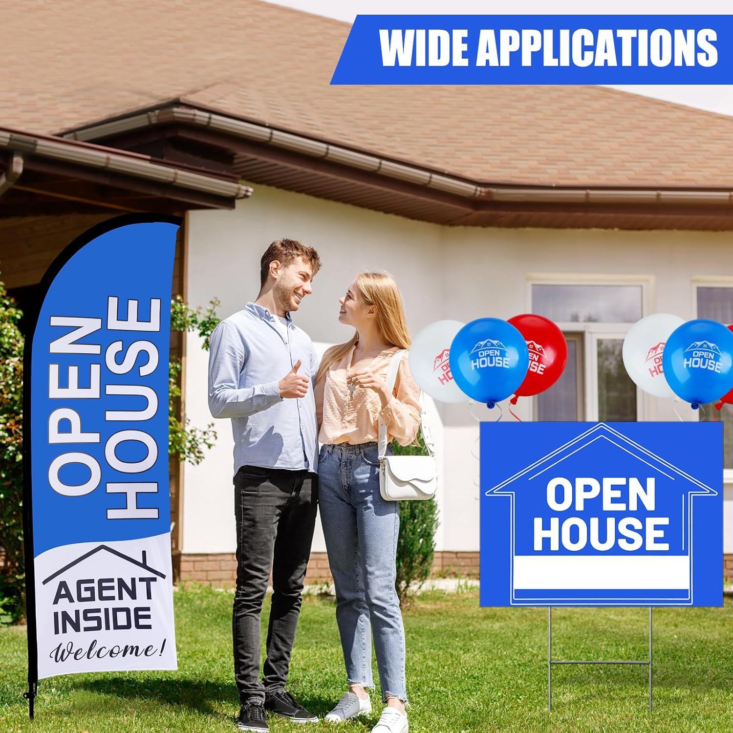 81Hfy32qTLL. AC SL1500 Buryeah Open House Signs Set (36 Pcs Total), 1 Open House Flag with Pole Kit for Yard, 5 Double Sided Real Estate Business Agent Directional Arrows Signs with Metal Stakes and 30 Balloons(Blue) Edu Expertise Hub Real Estate