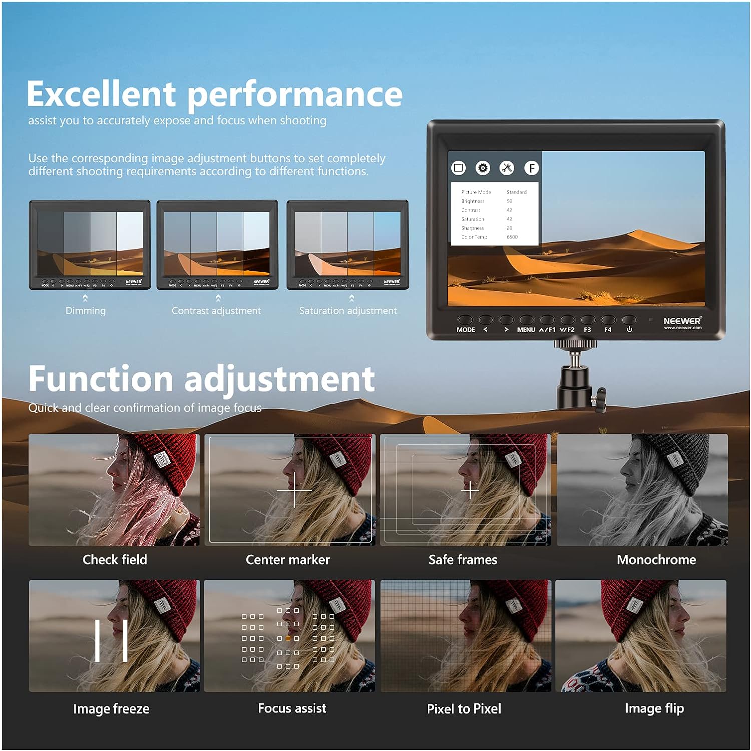 Neewer F100 7inch Camera Field Monitor HD Video Assist IPS 1280x800 HDMI Input 1080p with Sunshade and Ball Head for DSLR Cameras, Handheld Stabilizer, Film Video Making Rig (Battery Not Included) Edu Expertise Hub Digital Audio Video & Photography