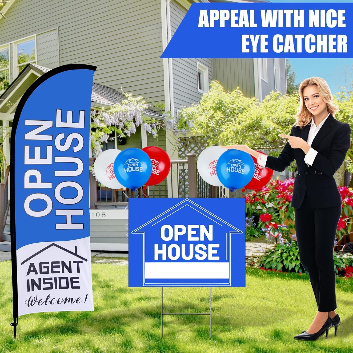 81g zmoH59L. AC SL1500 Buryeah Open House Signs Set (36 Pcs Total), 1 Open House Flag with Pole Kit for Yard, 5 Double Sided Real Estate Business Agent Directional Arrows Signs with Metal Stakes and 30 Balloons(Blue) Edu Expertise Hub Real Estate