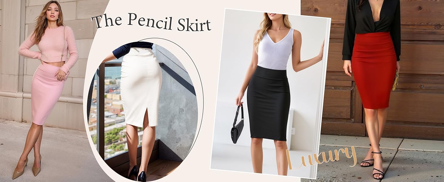 omen's Premium Nylon Ponte Stretch High Waist Pencil Suit Skirt Below Knee