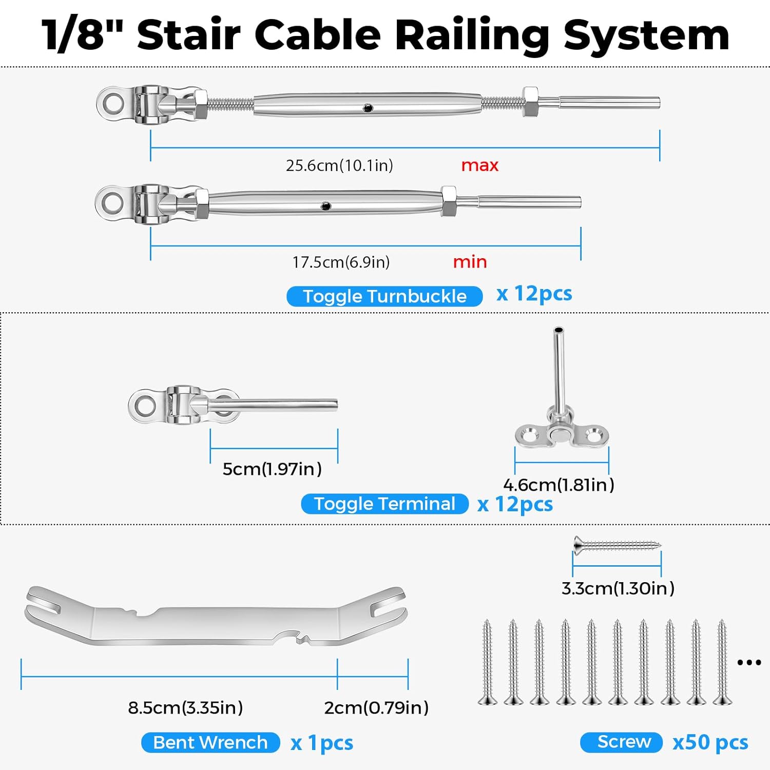 715VLFFj5HL. SL1500 1/8" Cable Railing Hardware 12 Pack, Swage Toggle Turnbuckle Hardware Cable Railing Kit for Wood Post, Angle 180°Adjustable Stairs Deck Railing System, Silver T316 Stainless Steel Marine Grade Edu Expertise Hub Hardware & DIY
