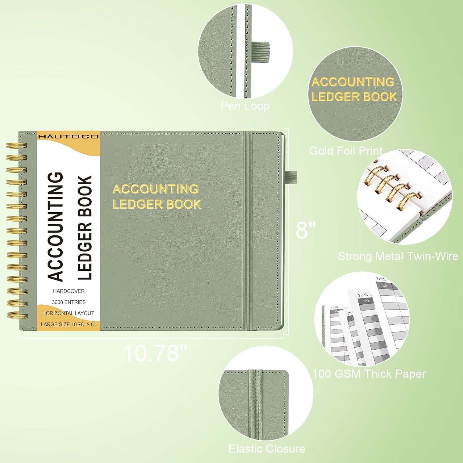 71P+FsgKToL. AC SL1500 HAUTOCO Hardcover Accounting Ledger Book for Small Business Bookkeeping Horizontal Money Expense Tracker Notebook with 2 Storage Pouch, Personal Columnar Log Journal 10.78 x 8'', Olive Green Edu Expertise Hub Accounting