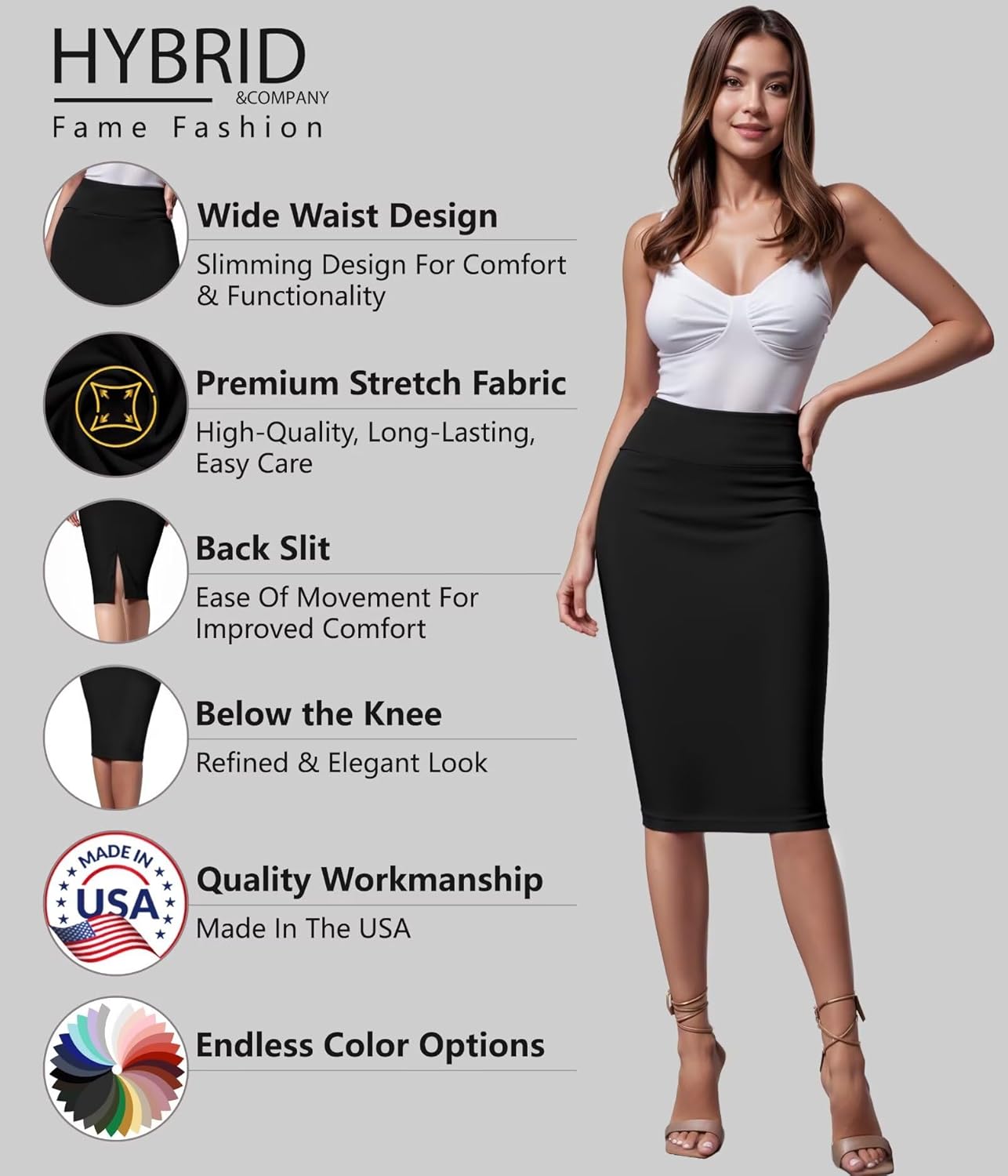 71jcminZFzL. AC SL1500 Hybrid & Company Women's Premium Nylon Ponte Stretch High Waist Pencil Suit Skirt Below Knee Edu Expertise Hub Women & Business