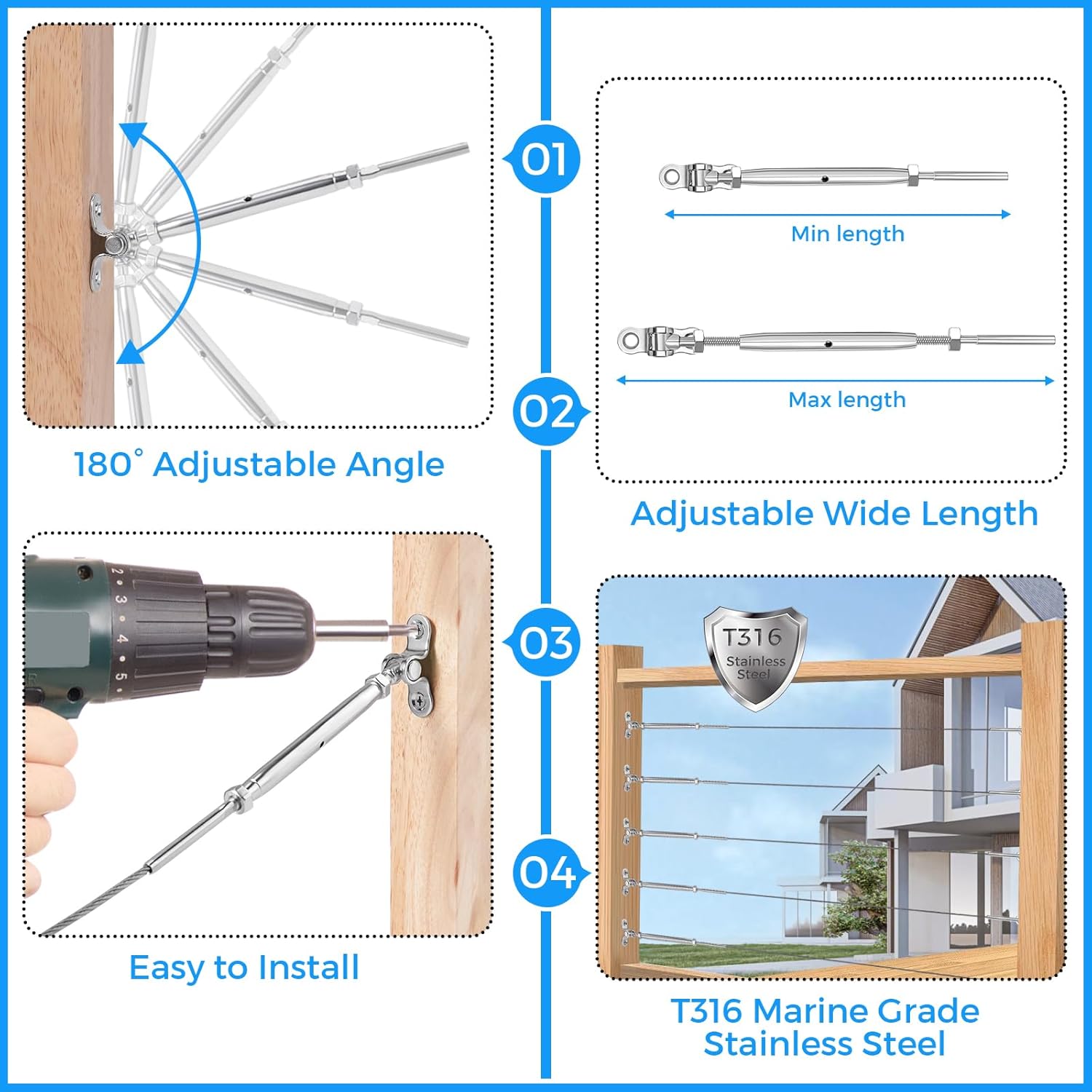 1/8" Cable Railing Hardware 12 Pack, Swage Toggle Turnbuckle Hardware Cable Railing Kit for Wood Post, Angle 180°Adjustable Stairs Deck Railing System, Silver T316 Stainless Steel Marine Grade Edu Expertise Hub Hardware & DIY