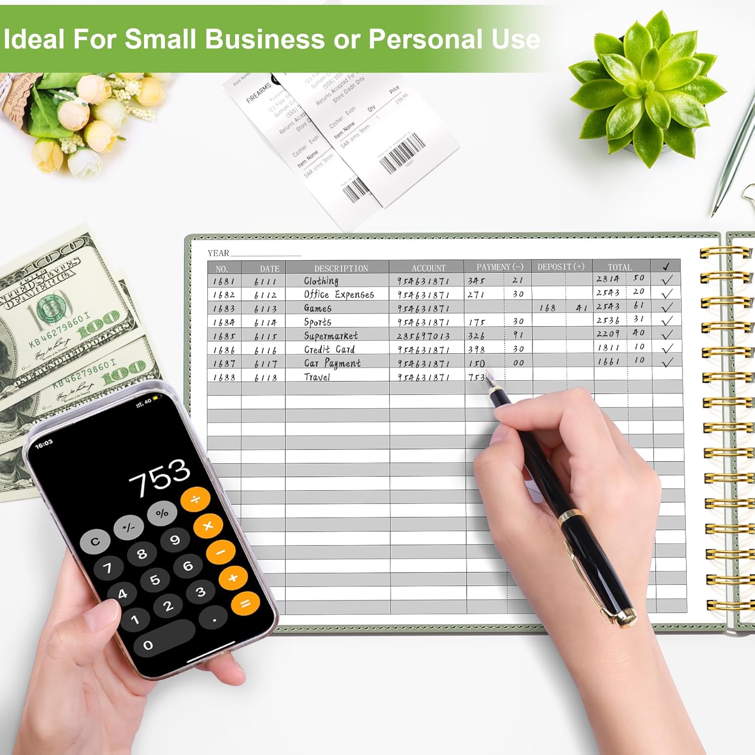 HAUTOCO Hardcover Accounting Ledger Book for Small Business Bookkeeping Horizontal Money Expense Tracker Notebook with 2 Storage Pouch, Personal Columnar Log Journal 10.78 x 8'', Olive Green Edu Expertise Hub Accounting