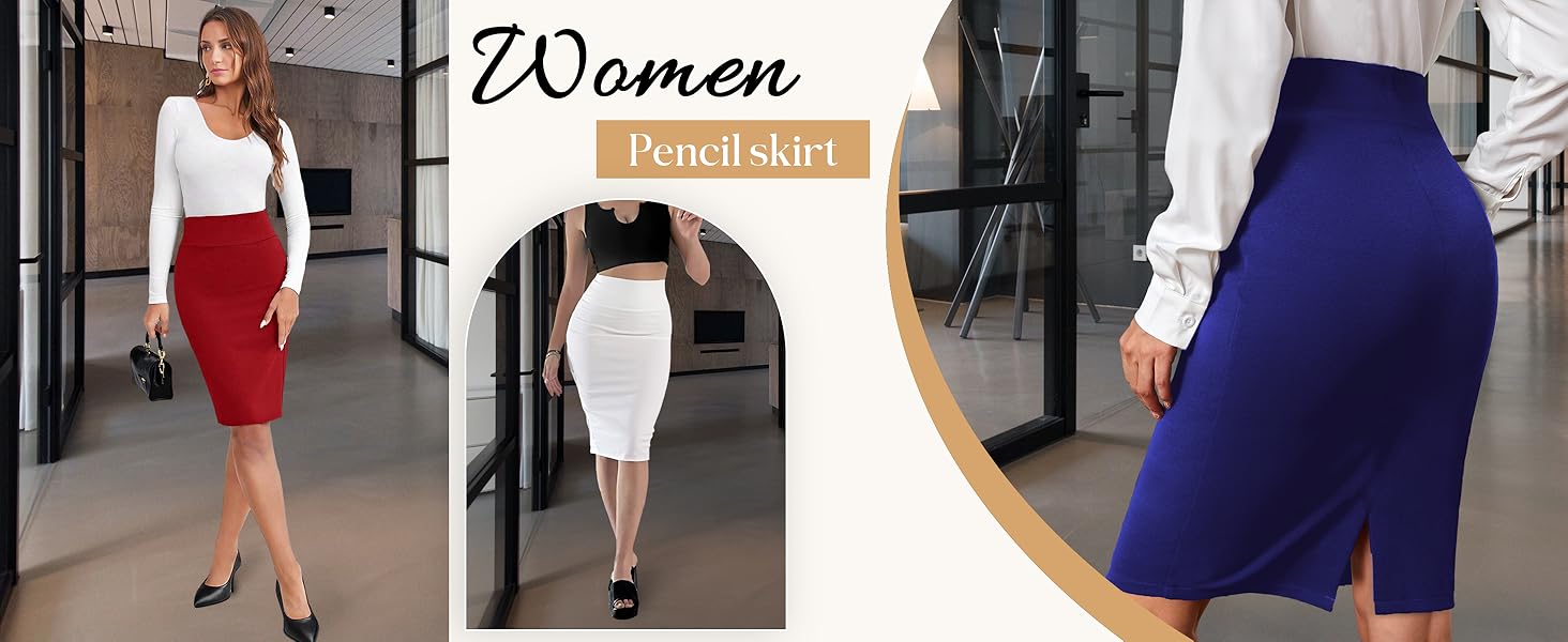 omen's Premium Nylon Ponte Stretch High Waist Pencil Suit Skirt Below Knee