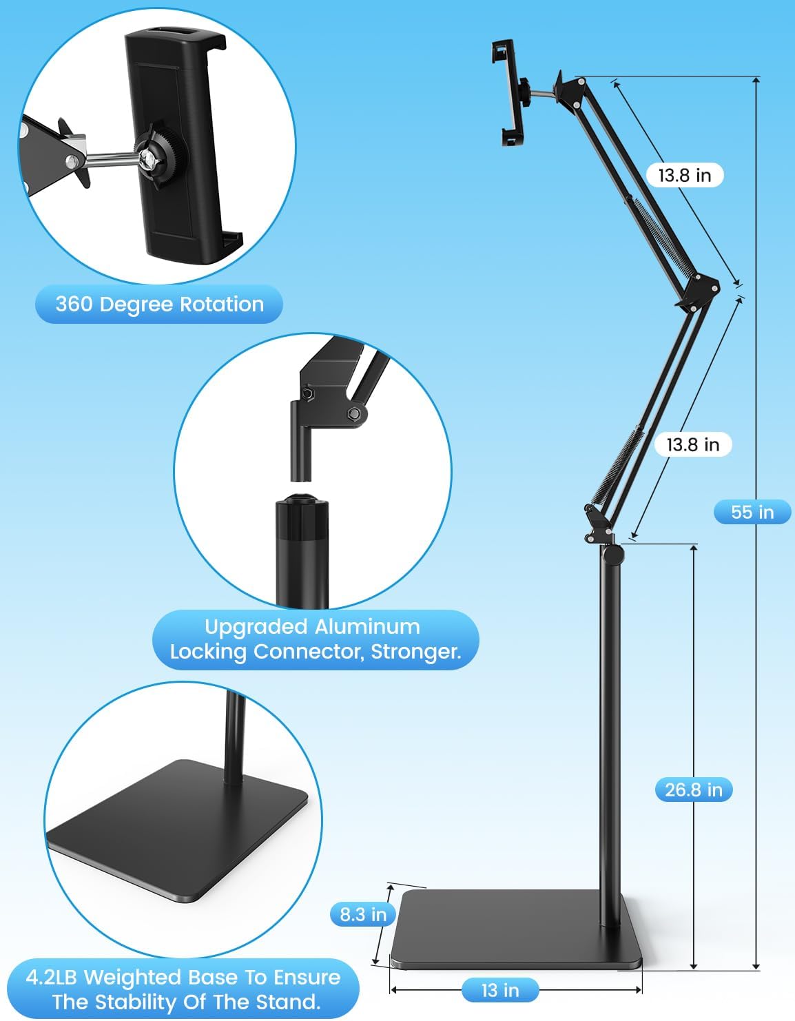 61V6yysrsbL. AC SL1500 Tablet Floor Stand with 4.2LB Base,Overhead Bed Phone Stand Angle Height Adjustable Tablet Holder Bed,Phone Stand for iPad/iPhoneX/iPad Pro Air Mini, Samsung Tab,E-Readers… Edu Expertise Hub Tablets & E-Readers